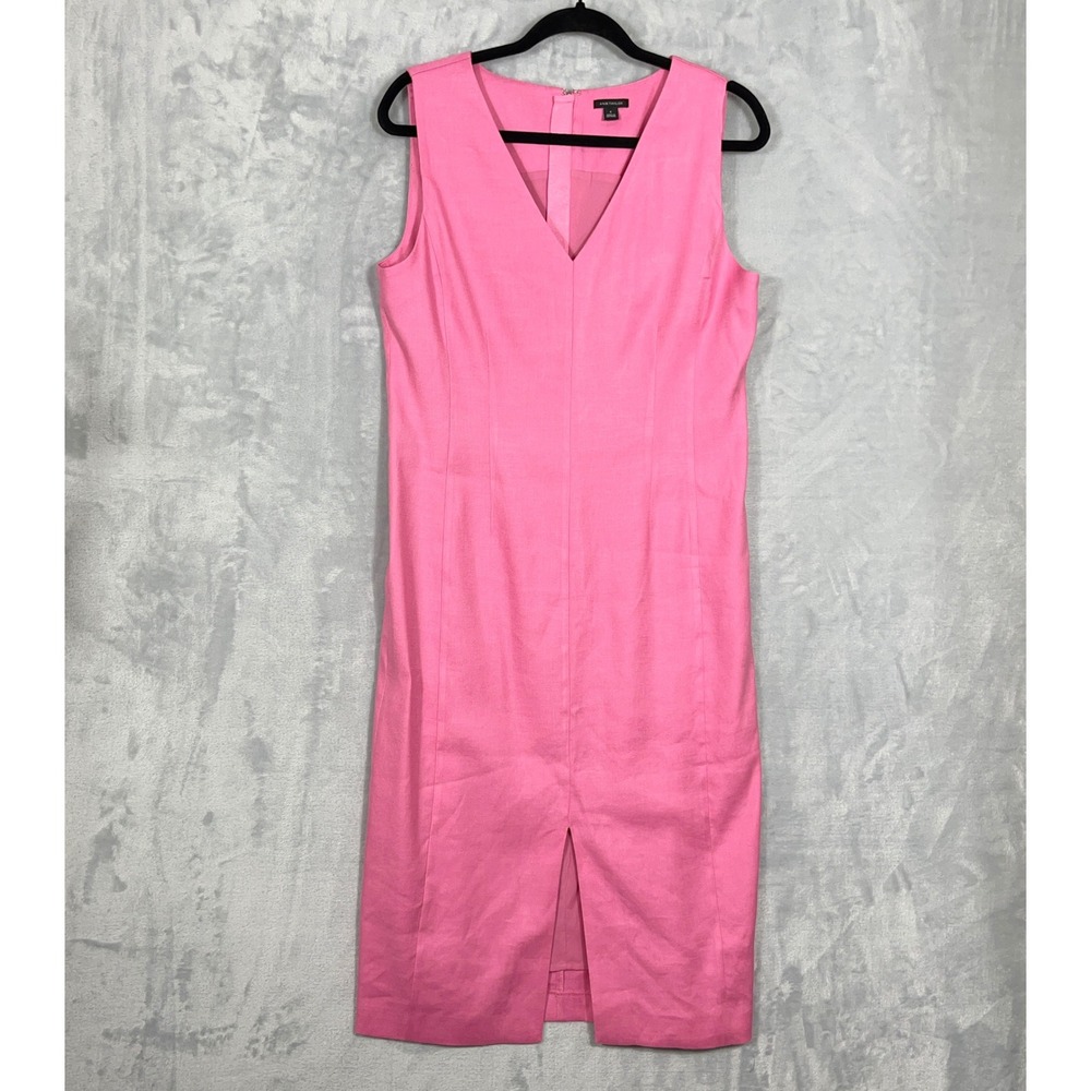 Ann Taylor Midi Dress 8 Pink Linen Blend V-Neck Sleeveless Sheath Barbiecore